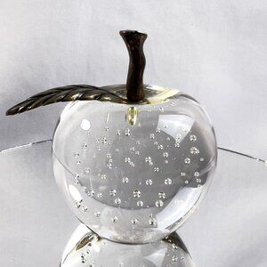 Clear Glass Apple Vintage Paperweight Bullicante Bubbles & Brass Stem 2.25x2.50